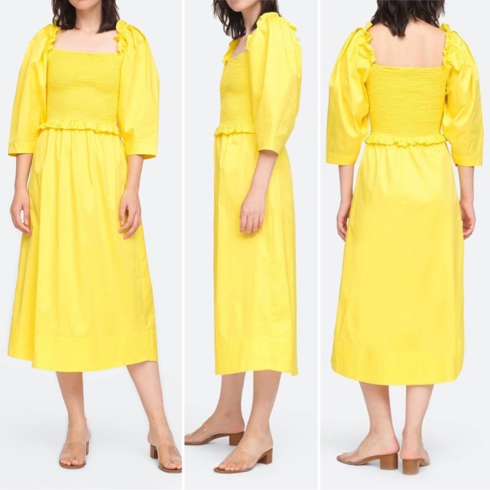 Sea New York Yellow Smocked Midi Dress with Puff Sleeves